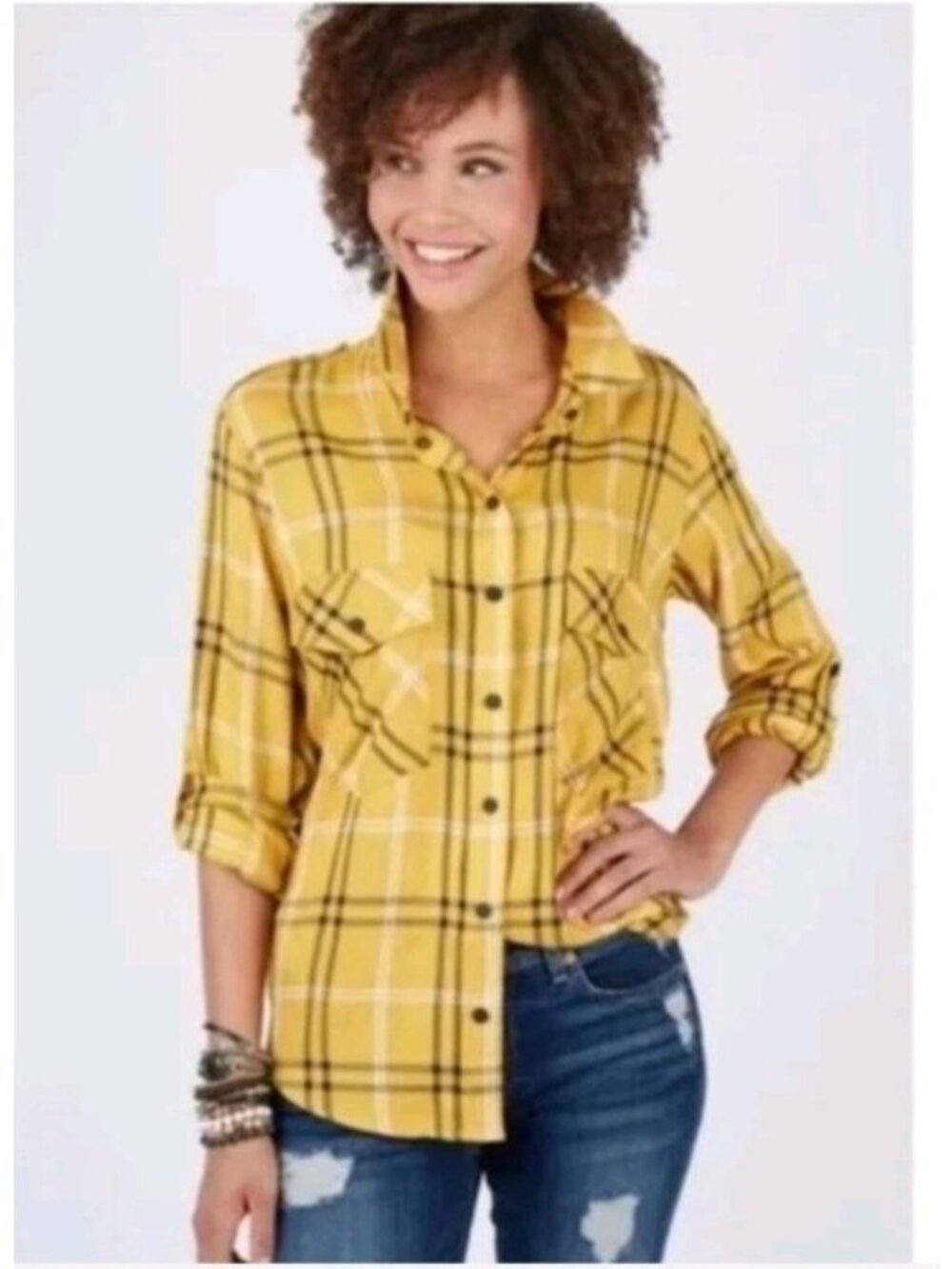 SANCTUARY Yellow Gold Brown White Plaid Snap Button Down Boyfriend Shirt Small